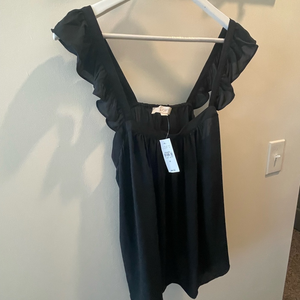 NWT Loft black silk tank top with ruffle sleeves